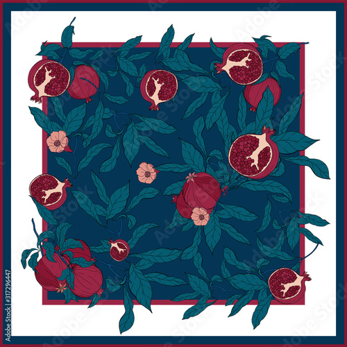 Silk scarf with pomegranate branch with fruits and flowers.