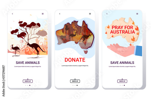 set forest fires wildfire bushfire natural disaster pray for Australia save animals concept smartphone screens collection mobile app horizontal copy space vector illustration