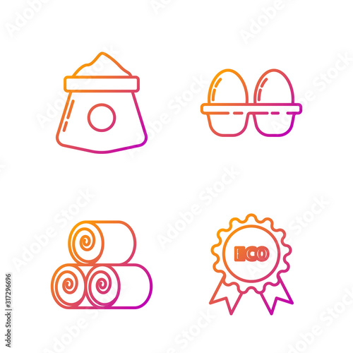 Set line Banner, label, tag, logo for eco, Roll of hay, Bag of flour and Chicken egg in box. Gradient color icons. Vector