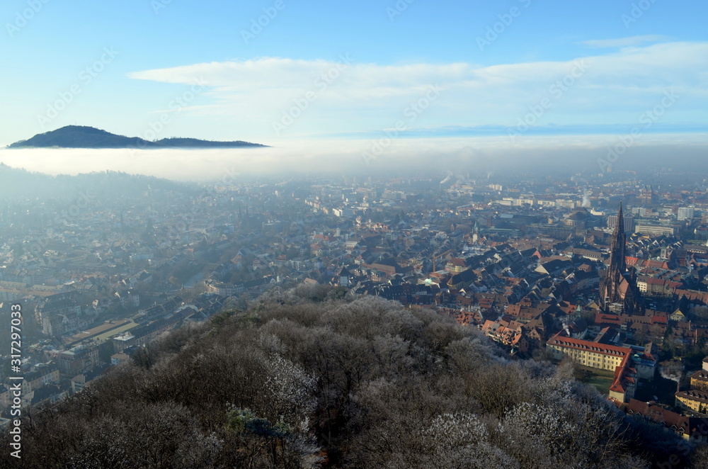 Blick auf Freiburg bei Nebel und Sonne
