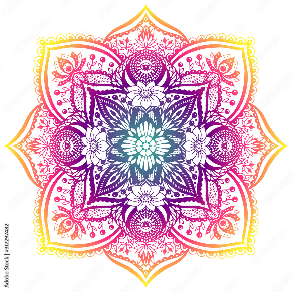 bright decorative vector mandala with floral elements. in warm colors