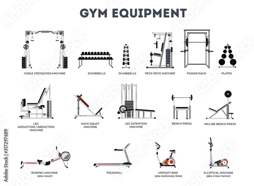 Fototapeta Set of gym equipment on white background vector illustration. Different fitness equipment for muscle building flat style design. Shoulder and neck building exercise. Workout and training concept