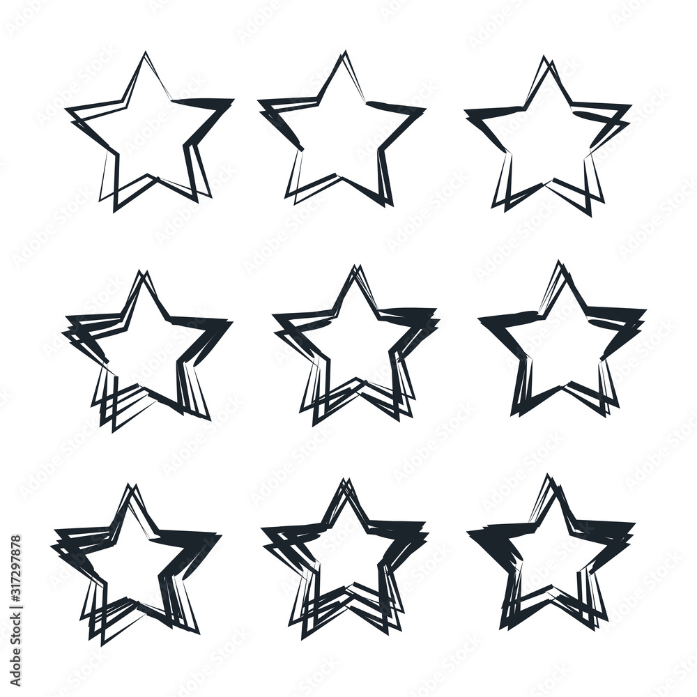 Set of black hand drawn vector stars in doodle style template color editable. Could be used as pattern symbol vector sign isolated on white background illustration for graphic and web design. Set of black hand drawn vector stars in doodle style template color editable. Could be used as pattern symbol vector sign isolated on white background illustration for graphic and web design.