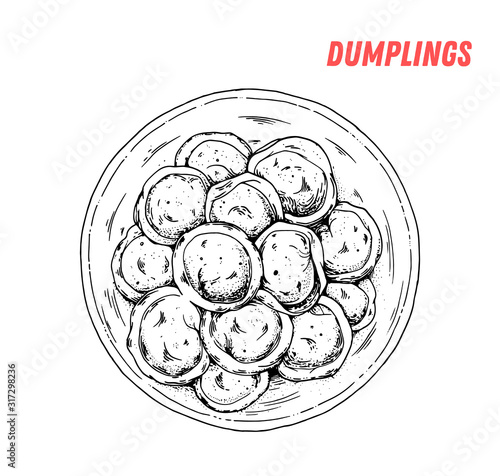 Dumplings hand drawn illustration. Russian cuisine. Linear graphic. Food sketch. Russian pelmeni.