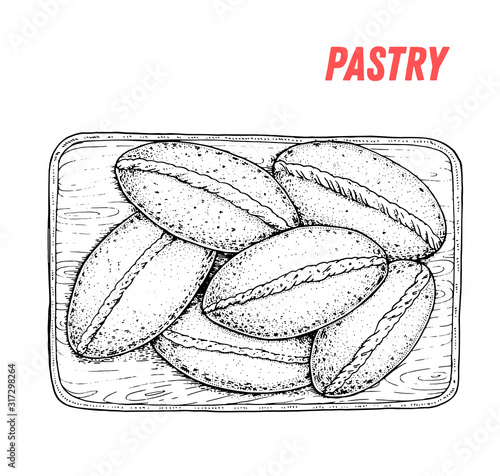 Russian pastries pirozhki hand drawn illustration. Russian cuisine. Linear graphic. Food sketch.