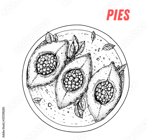 Russian rasstegai pie hand drawn illustration. Russian cuisine. Linear graphic. Food sketch.