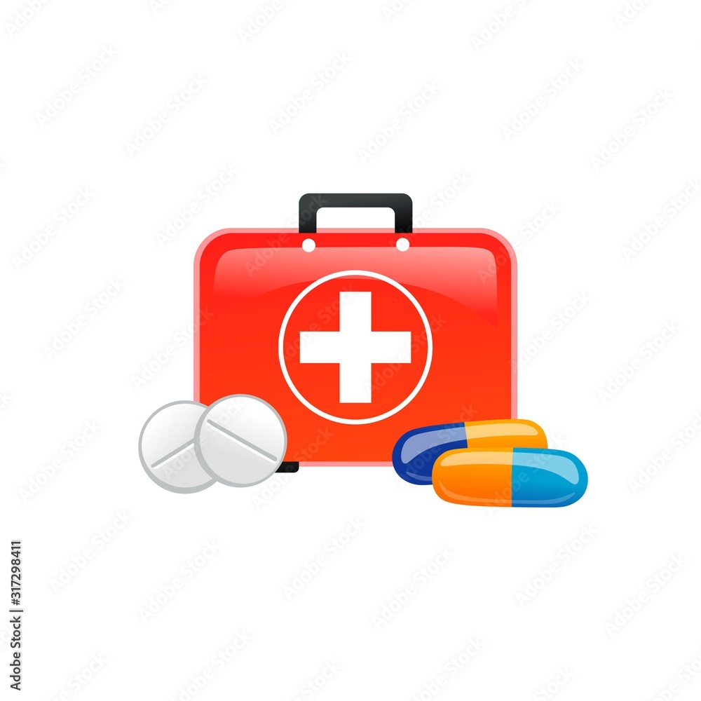Obraz premium Medicaments and first aid kit icons on white background vector illustration. Collection of supplies and equipment used to give medical treatment flat style design. Medicine concept