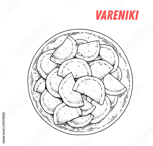 Russian dumplings vareniki hand drawn illustration. Russian cuisine. Linear graphic. Food sketch.