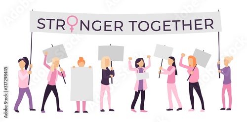 Women demonstration stronger together isolated on white vector illustration. Activists women holding blank banners flat style design. Female empowerment concept