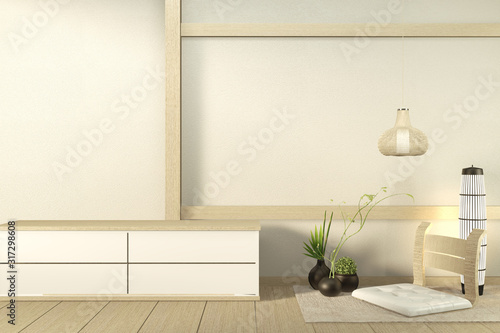 interior, Cabinet wooden in modern living room japan style on white wall background,3d rendering