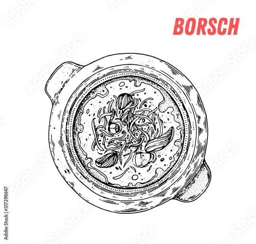 Russian Borscht Soup hand drawn illustration. Russian cuisine. Linear graphic. Food sketch.