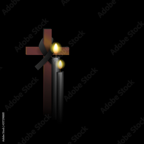 Vector illustration concept of the end of life death. Candles are burning and flowers are lying by the candles. Christian religion rite.