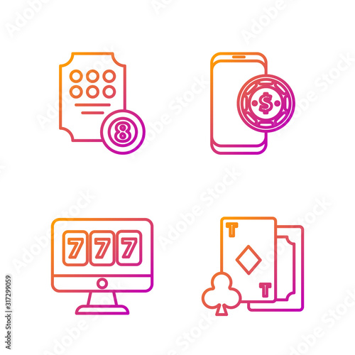 Set line Playing card with diamonds, Online slot machine with lucky sevens jackpot, Online slot machine and Online poker table game. Gradient color icons. Vector