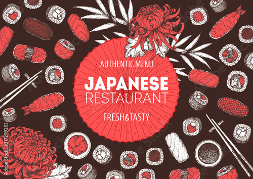 Sushi and rolls vector illustration. Hand drawn sketch. Japanese food menu design. Vintage vector elements for japanese cuisine menu. Retro style design. Food and drink collection.