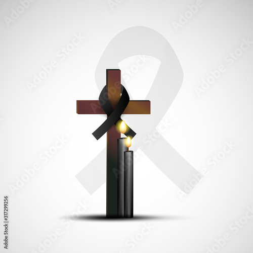 Vector illustration concept of the end of life death. Candles are burning and flowers are lying by the candles. Christian religion rite.