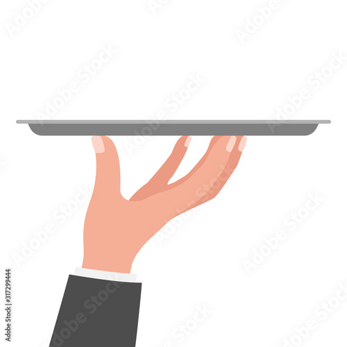 Waiter hand holding tray. Restaurant service. Vector illustration isolated on white background