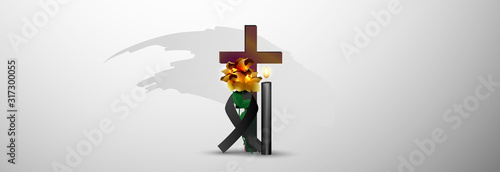 Vector illustration concept of the end of life death. Candles are burning and flowers are lying by the candles. Christian religion rite.