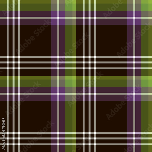 Seamless pattern in dark brown, white, green and purple colors for plaid, fabric, textile, clothes, tablecloth and other things. Vector image.