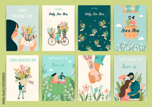 Romantic set of illustrations with man and woman. Vector design concept for Valentines Day and other users.