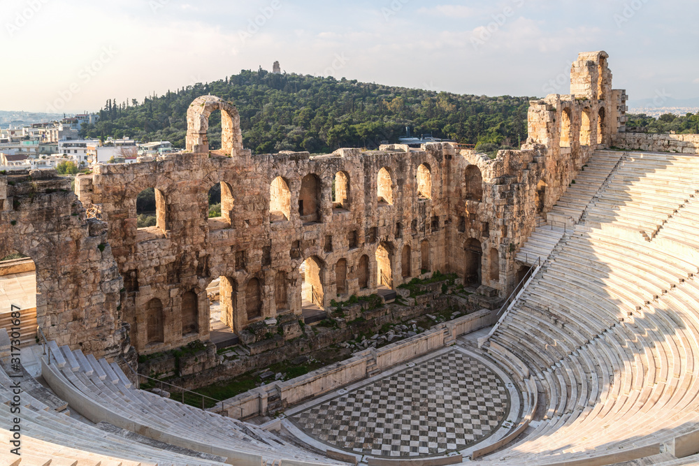 Odeon of Herodes Atticus, Acropolis, Athens, Greece. The Odeon of Herodes Atticus is a stone theatre structure located on the southwest slope of the Acropolis of Athens