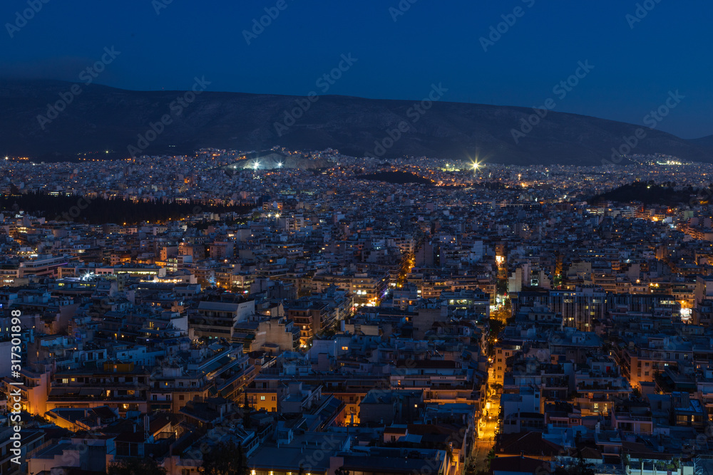 Night view of the city from Filopappos Hill in the evening, Athens, Greece