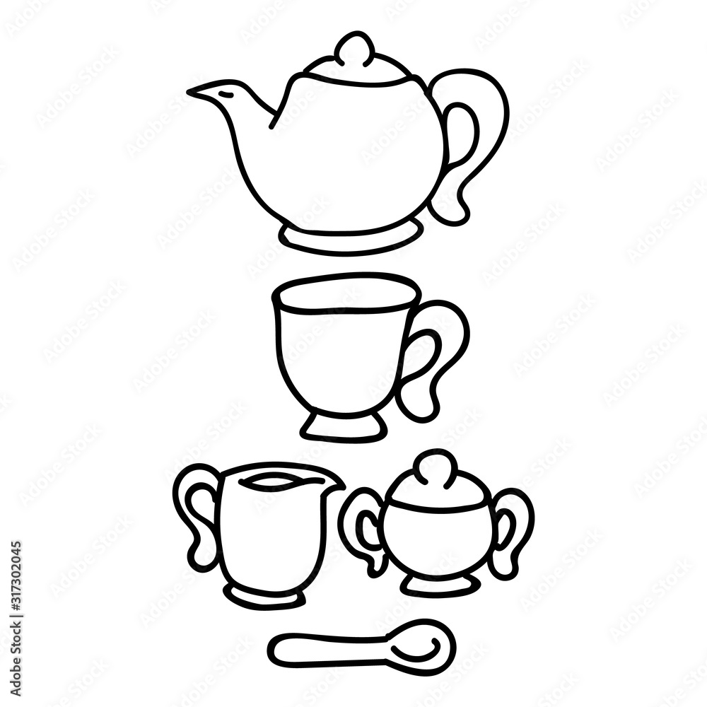 Cute afternoon tea set, teacup, teapot, clipart. Hand drawn breakfast drink kitchenware