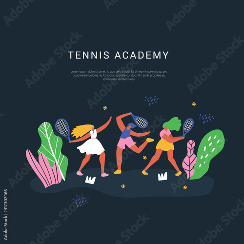 Tennis academy vector social media banner template. Racquet sport classes and lessons poster hand drawn layout with text space. Sportswomen training, playing outdoor cartoon characters