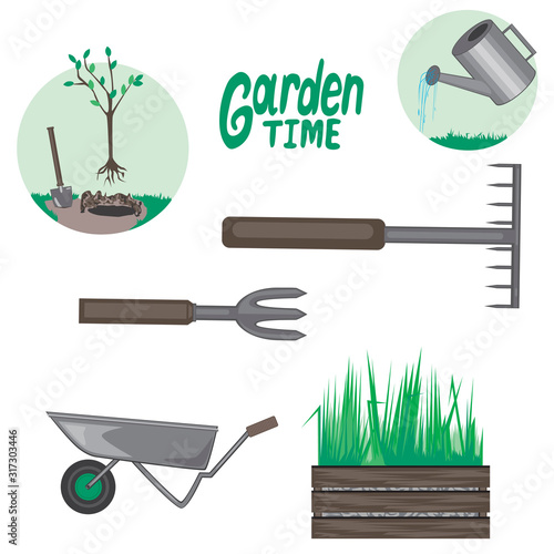 A set of garden tools isolated on white background, vector stock illustration with rake, pitchfork, garden wheelbarrow, tree planting, lawn and watering can