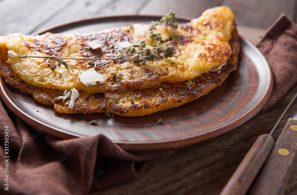 Irish Potato pancakes, latkes or boxty and sauces on wooden background Irish Potato pancakes, latkes or boxty and sauces on wooden background