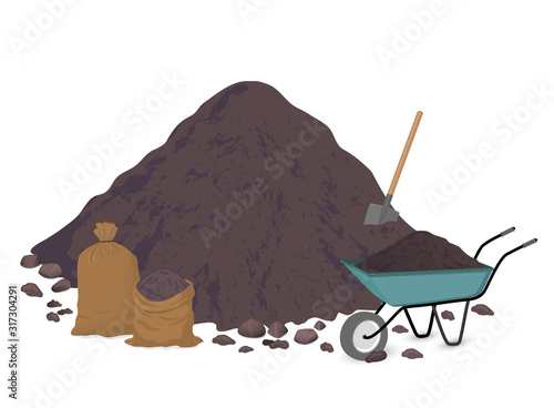 A pile of earth, a pile of soil. Shovel, bags, trolley. Vector illustration on white background.