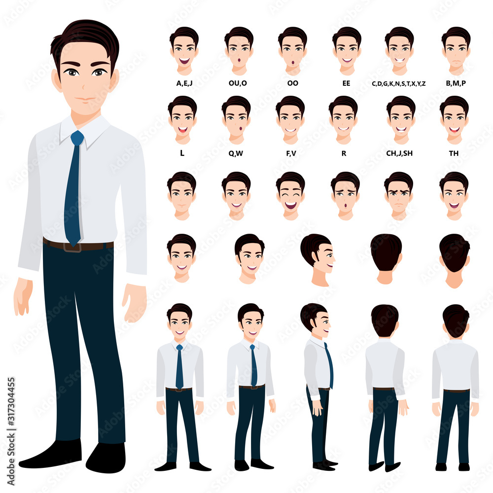 Cartoon character with handsame business man in smart shirt for animation. Front, side, back, 3-4 view character. Separate parts of body. Flat vector illustration.