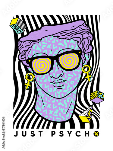 Acid ancient sculpture illustration in trendy psychedelic cosmic style.