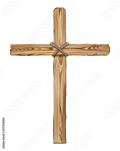 Wooden cross for the crucifixion. Hand-drawn, artistic image of a wooden cross on a white background.