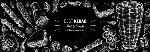 Doner kebab cooking and ingredients for kebab, sketch illustration. Arabic cuisine frame. Fast food menu design elements. Shawarma hand drawn frame. Middle eastern food. photo