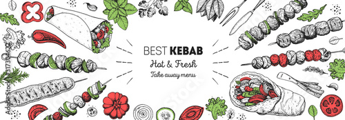 Doner kebab cooking and ingredients for kebab, sketch illustration. Arabic cuisine frame. Fast food menu design elements. Shawarma hand drawn frame. Middle eastern food.
