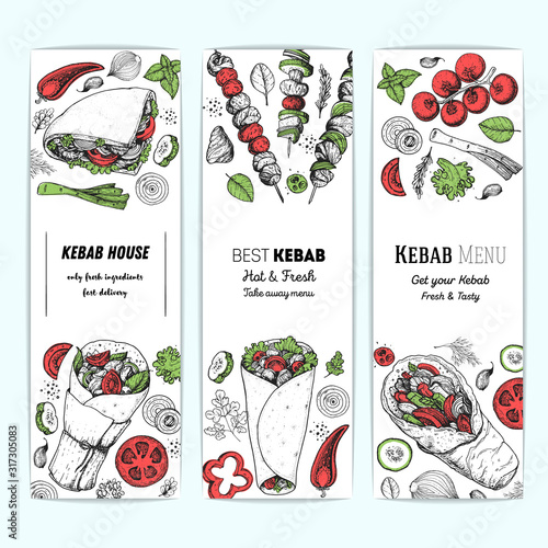 Doner kebab cooking and ingredients for kebab, sketch illustration. Arabic cuisine banner collection. Fast food menu design elements. Shawarma hand drawn. Middle eastern food.