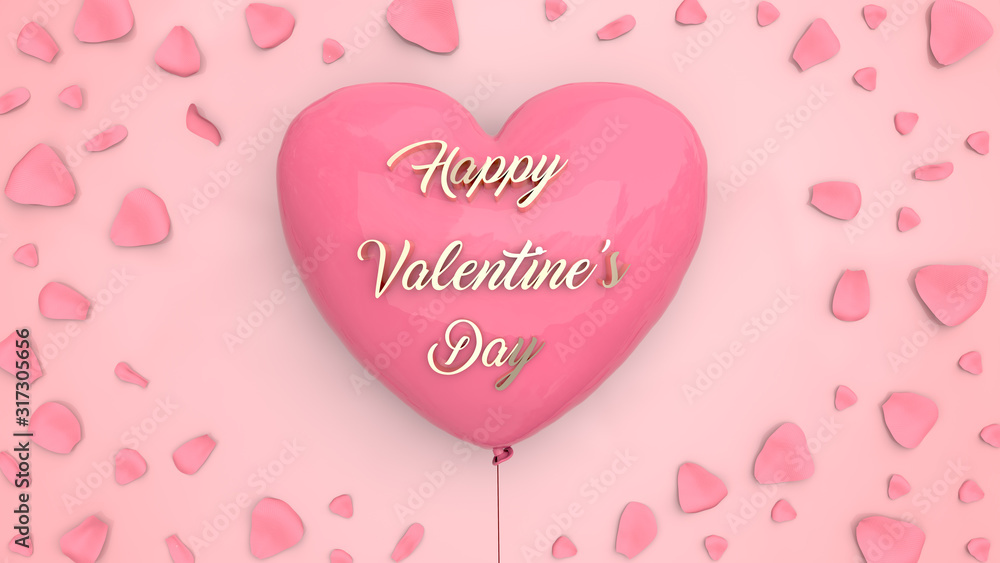 Happy Valentine's Day letter on pink 3d Heart in the center of card have petal of pink rose around it with 3d rendering.