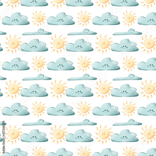 Digital illustration seamless pattern of cute textural baby gentle blue and yellow smiling planets, stars and clouds. Print for children's textiles, books, invitation cards, clothes.