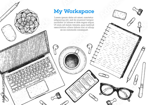 Office desk table top view sketch. Workspace with laptop, notebook, coffee cup, plant, pencil, pen, glasses, headphones. Hand drawn vector illustration. Business concept.