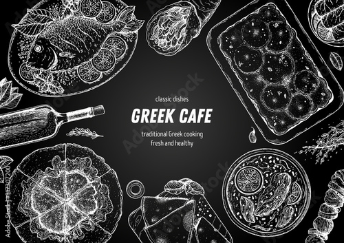 Greek cuisine top view frame. A set of greek dishes with spanakopita, pita, avgolemono soup, moussaka, fish . Food menu design template. Vintage hand drawn sketch vector illustration. Engraved image