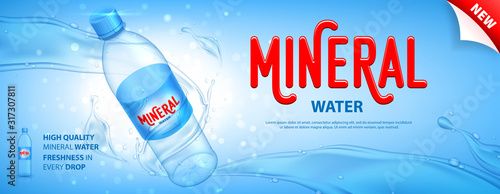 Mineral water promo banner. Realistic plastic bottle with water splashes and drops. Vector illustration with 3d transparent bottle on blue background. Mockup template for promotion of beverages.