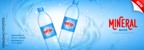 Mineral water promo banner. Realistic plastic bottle with water splashes and drops. Vector illustration with 3d transparent bottle on blue background. Mockup template for promotion of beverages.