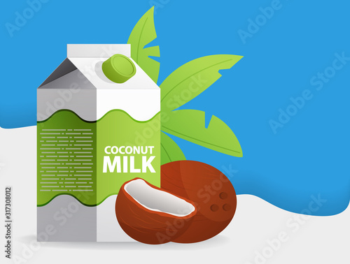 Non dairy. Coconut vegan milk in package cardboard bag. Plant based milk. Fresh drink in cartoon.Healthy food concept.Coconuts  whole and broken nut with palm leaves. Flat illustration vector.