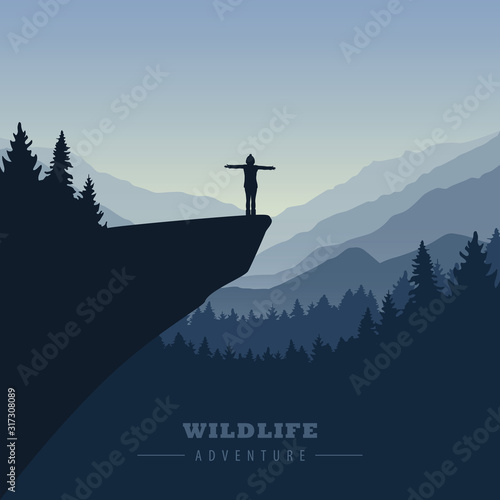 hiking adventure girl on a cliff in at sunrise with mountain view vector illustration EPS10