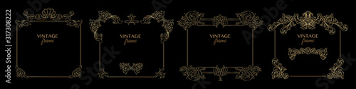 Set of decorative vintage golden frames and retro patterns. Vector.