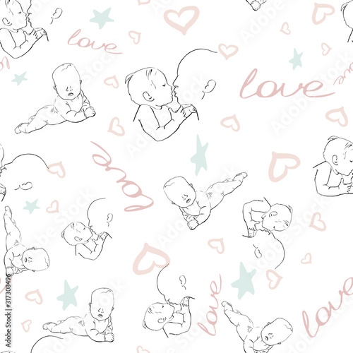 Hand drawing Love baby seamless pattern in the light colors.
