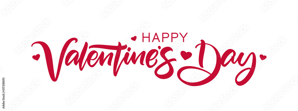 Happy Valentine's Day. Handwritten calligraphic lettering with hearts on white background.