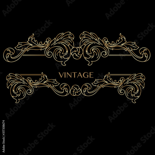 Vintage decorative golden frame with Linear floral antique swirl. Vector.