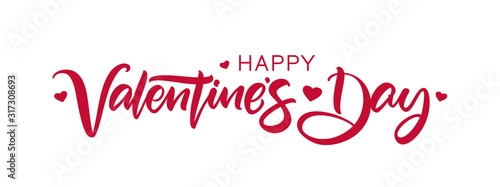 Happy Valentine's Day. Handwritten calligraphic lettering with hearts on white background.