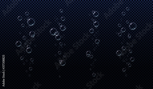 Underwater fizzing bubbles. Air stream, aquarium. Effervescent water,  oxygen drink. Realistic vector illustration.